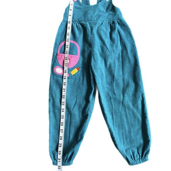 Vintage 80s Ruth Scharf Corduroy Jumpsuit Girls 4T Turquoise Appliques Made USA - Picture 3 of 9